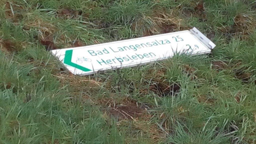 Schild Radwanderweg Gebesee liegt im Gras - April 2021